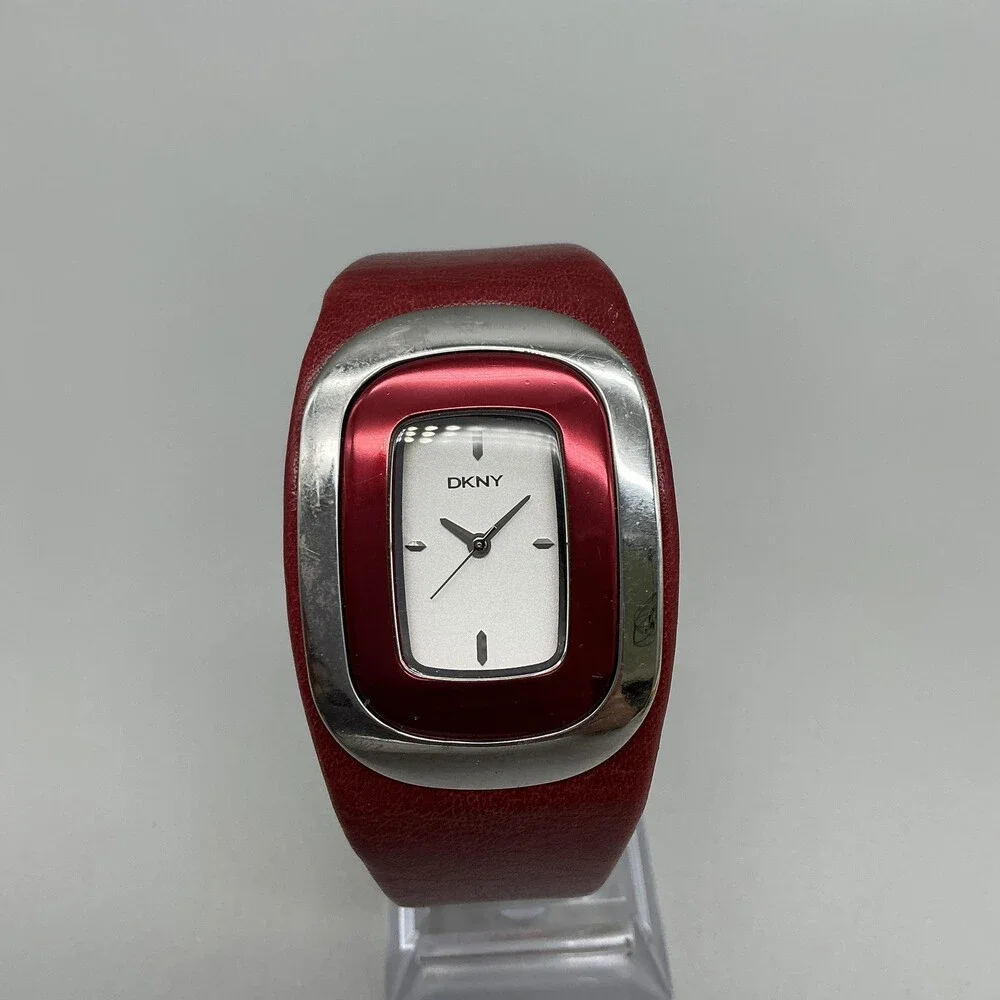 DKNY Womens Watch 33mm Silver Tone White Dial Red Leather Dress Cuff New Battery
